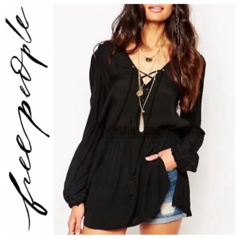 💕SALE💕 Free People Black Wildest Moment Lace Up Gathered Waist Boho Tunic Top - Picture 3 of 9